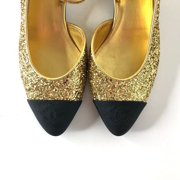 Chanel CC Logo Glitter and Grosgrain Cap Toe Slingback Platform Heel Pumps 37 - Picture 4 of 13